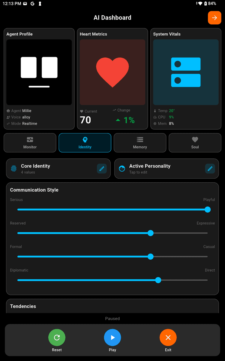 AI Dashboard identity tab with communication style sliders