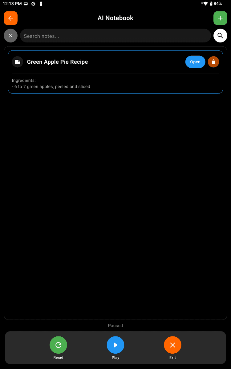 AI Notebook showing list of saved notes