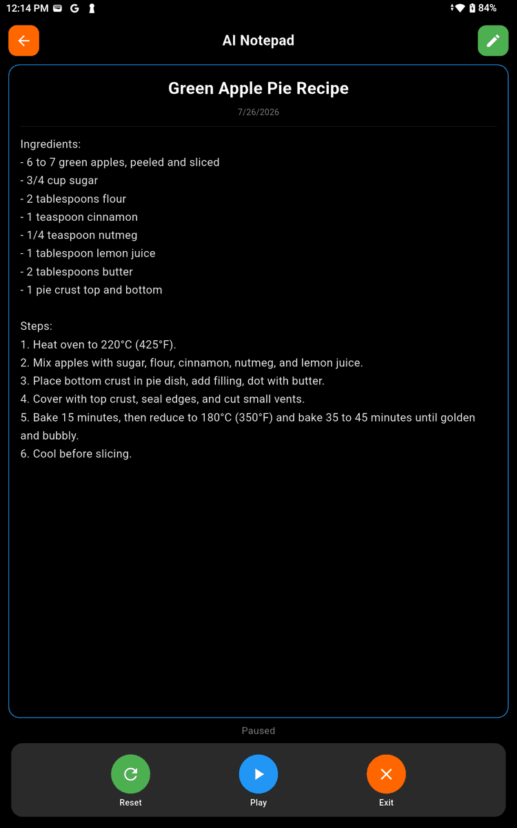 AI Notepad showing a recipe with ingredients and steps