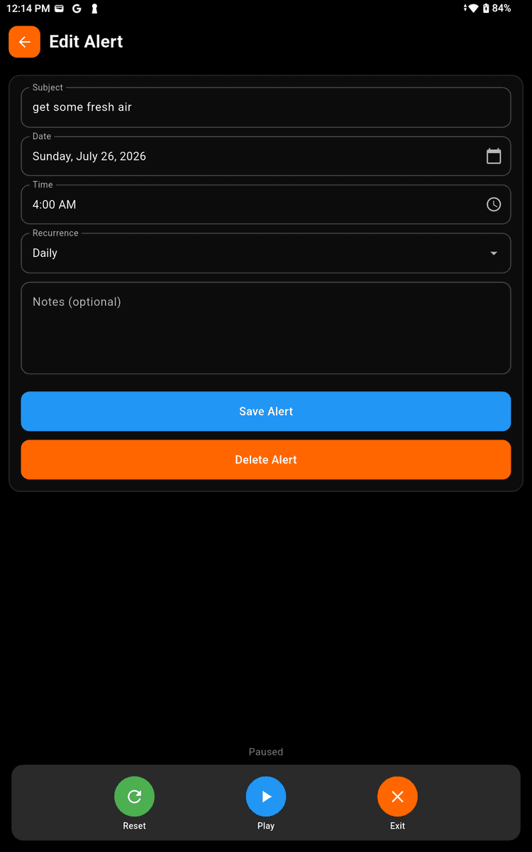 Edit alert form with date, time, and recurrence options