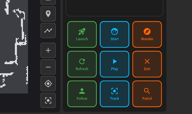 Control panel showing Wander, Follow, Track, and Patrol buttons