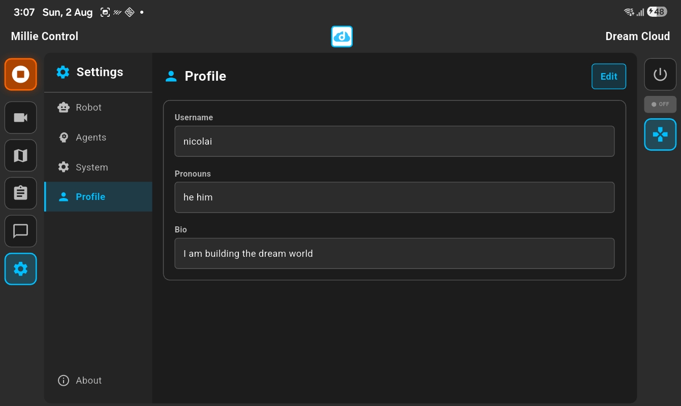 Profile settings with username, pronouns, and bio