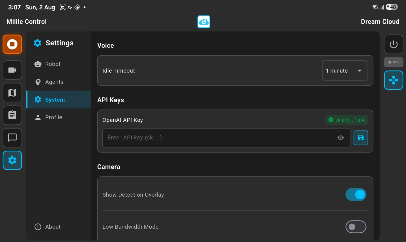 System settings with API keys and camera options